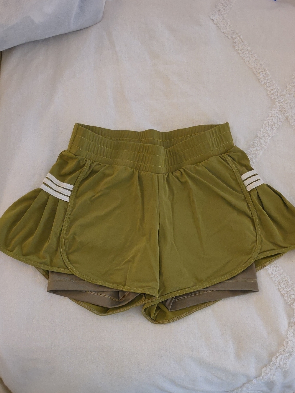 Olive Athletic Layered Running Shorts with Side Stripe